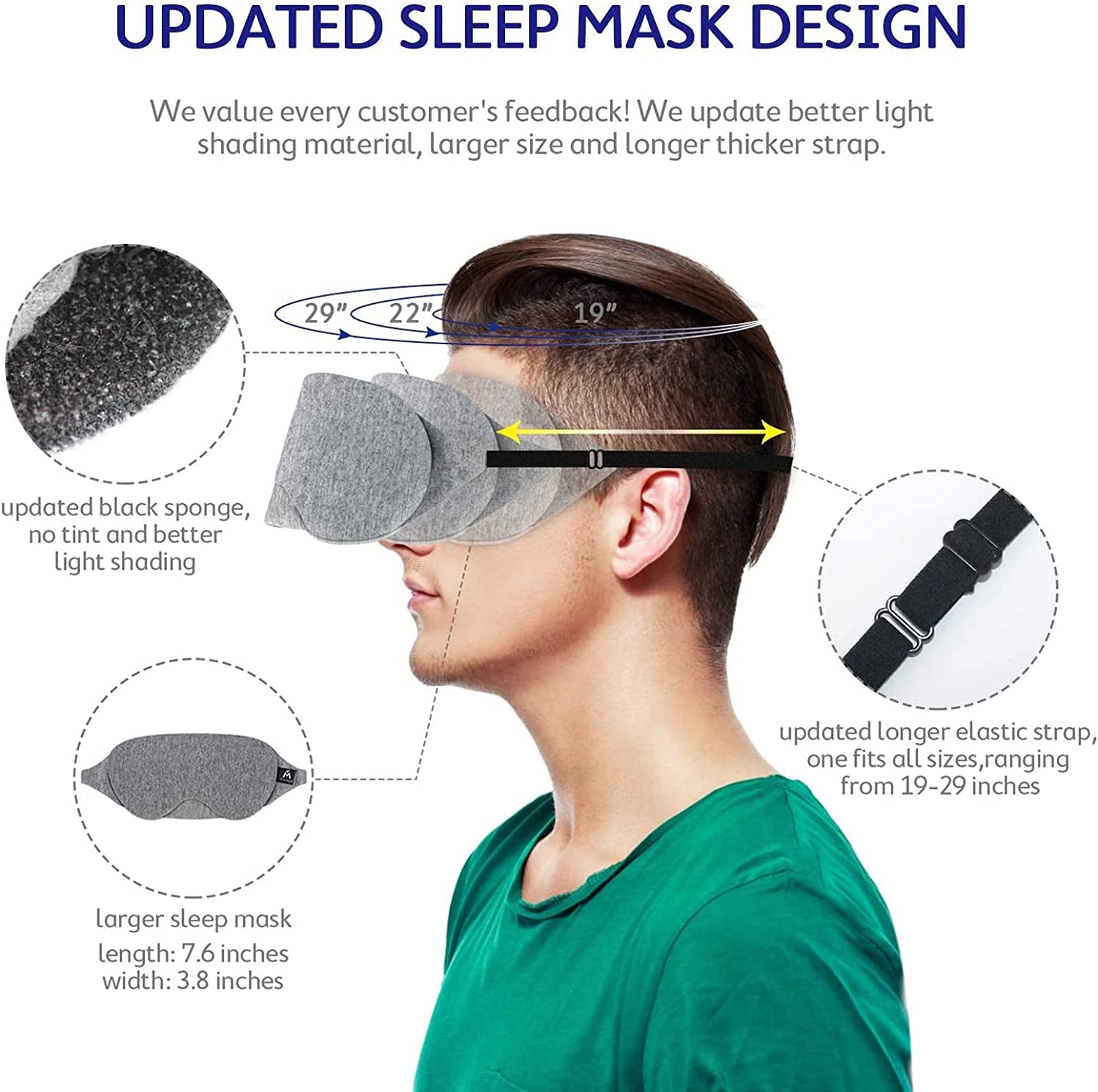 Cotton Sleep Eye Mask - Updated Design Light Blocking Sleep Mask, Soft and Comfortable Night Eye Mask for Men Women, Eye Blinder for Travel/Sleeping, Includes Travel Pouch, Grey