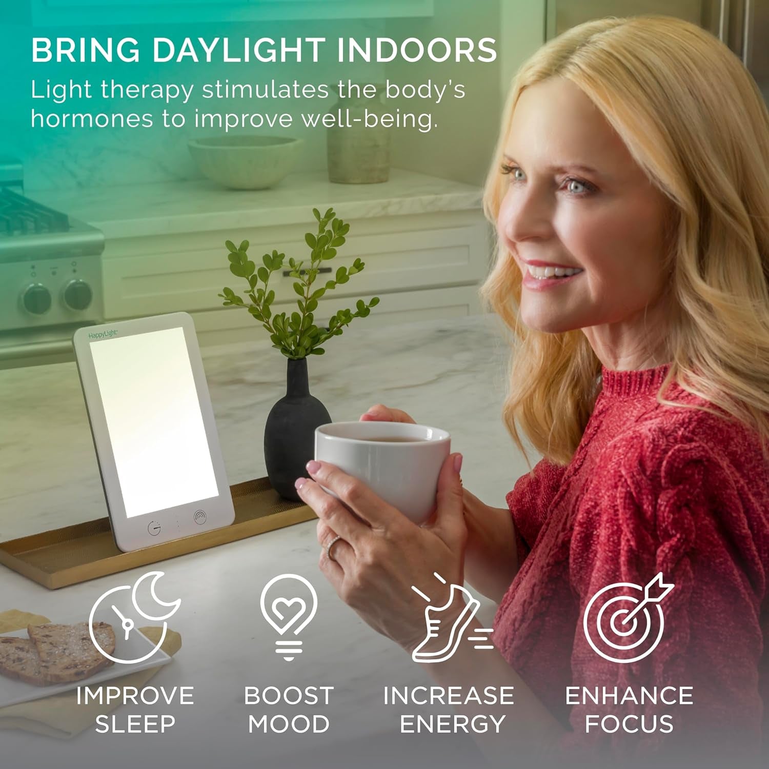 Happylight® Lumi plus - Light Therapy Lamp with 10,000 Lux, Uv-Free, LED Bright White Light with Adjustable Brightness, Countdown Timer, & Detachable Stand - Boost Mood, Sleep, and Focus